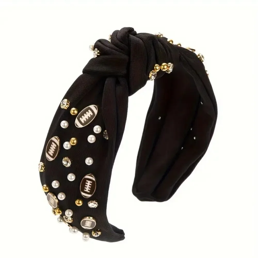 FOOTBALL SPIRIT WIDE BLACK JEWELED HEADBAND